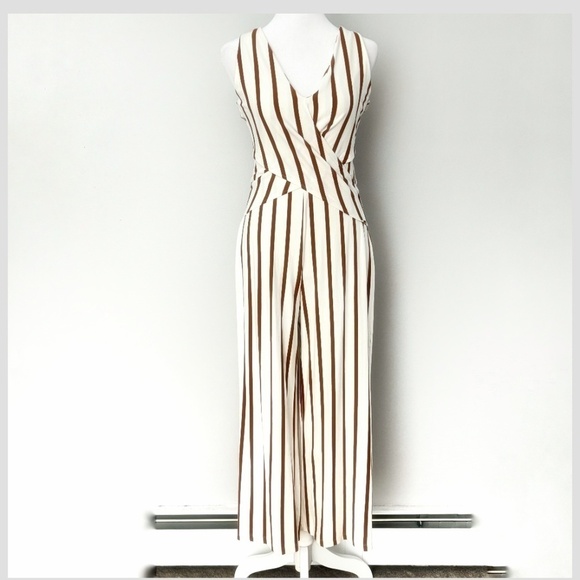 Bershka Anthropologie Jumpsuit Brown White Stripe Convertible Belted Cropped Leg - Picture 4 of 16